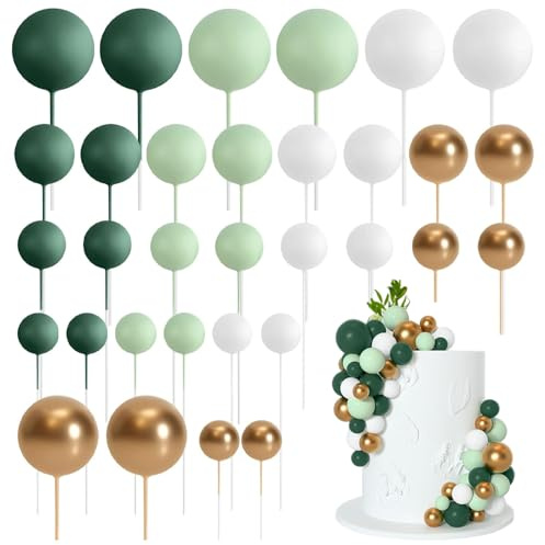 Kozdtiz 32 Stück Tortendeko Kugeln Cake Topper, Mini Ballons Tortenaufleger, DIY Mini Ballon Cupcake Einsatz, Kuchen Dekoration Kugel für Hochzeit Party Babyparty Grün Hellgrün Weiß Gold