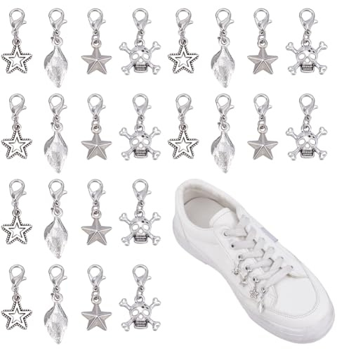 HOBBIESAY Lot de 40 pendentifs en forme de tête de mort - Étoile - Style punk - Squelette - Clip sur tête de mort - Lacets - Pendentif étoile - Décoration de chaussures - Alliage - Accessoires de