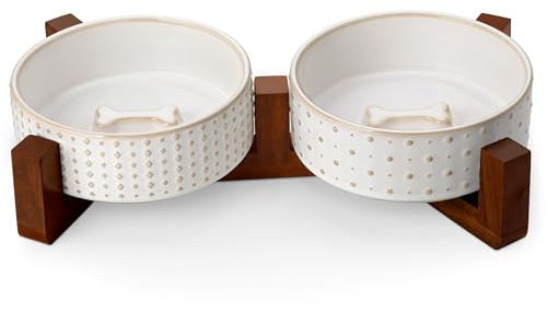 MALACASA Juego de cuencos para perros con soporte de madera de nogal, 1,5 tazas, cuencos de cerámica para cachorros, dos cuencos para comida y agua con base pesada antideslizante, cuencos básicos