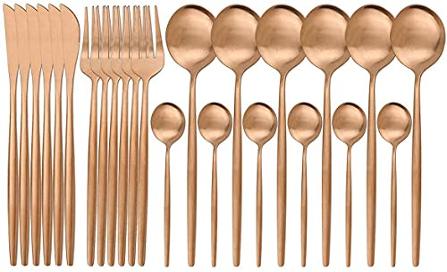OVLIIYWZY Service de Table en Or Mat et argenterie, 24 pièces, Couverts en Acier Inoxydable, Couverts en Satin, pour 6 Personnes, pour la Maison et Le Restaurant, Passe