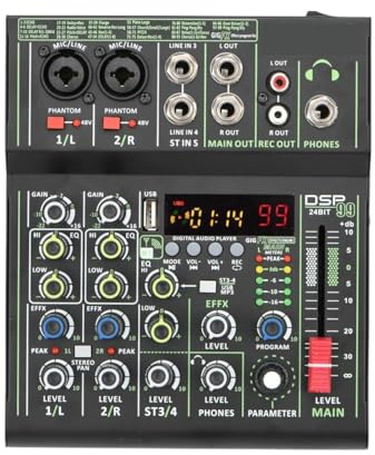 Mezclador de audio Mezclador de audio Bluetooth Consola mezcladora de 4 canales 99 efectos DSP Escritorio de mesa de sonido USB 48V