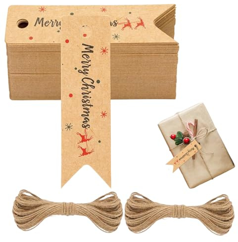 EULAPGOE Geschenkanhänger Weihnachten 100 Stück Kraftpapier Etiketten mit Juteschnur, DIY Flaschenetiketten zum Beschriften für Geschenkverpackung, Weihnachtsdeko, Anhänger für Flaschen, Päckchen, Ka