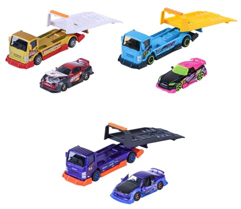 Majorette Tuning-Autos JDM Legends Transporter (2er-Set Spielzeugautos) - LKW inkl. Modellauto aus Metall mit abnehmbaren Teilen, zufällige Auswahl aus 3 Auto-Sets für Kinder ab 3 Jahre, 13 cm