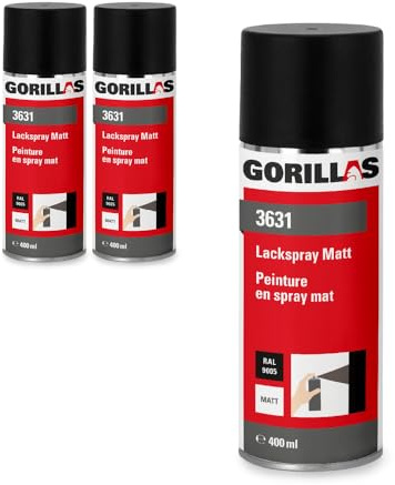 gorillas 3x Lackspray 400 ml Matt RAL 9005 (Tiefschwarz) – Sprühlack | Profi-Qualität - Sprühlack für innen und außen - Hochwertiger Nitro-Kombinationsharzlack - Temperaturbeständig