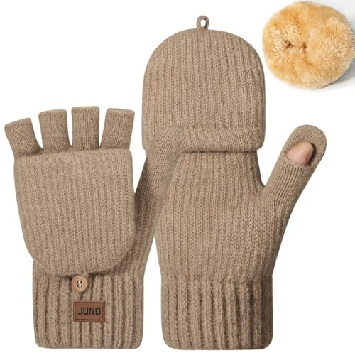Yaopelky Guantes convertibles sin dedos para mujeres y hombres, guantes de punto de invierno con tapa para el pulgar, térmicos, cobertura media y completa, Caqui, talla única