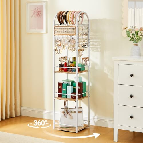 DGWJSU Jewelry Organizer Stand, 360° Rotating Floor Jewelry Holder with Earring Organizer Necklace Holder, 3 Floors Large Jewelry Stand Bracelet Ring Organizer, Women Jewelry Tree Organizer
