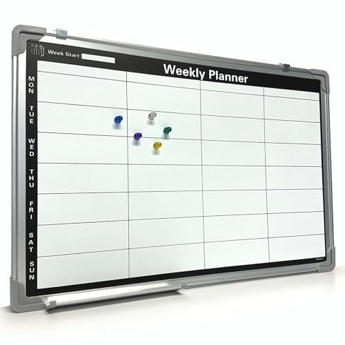 Weekly Planner Whiteboard Meal Planner Wall Memo Notice Boards 60 x 40cm Aluminium Framed Magnetic Dry Wipe Board with 5 Coloured Office School Planning Board