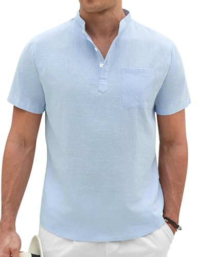 Xnova Mens Summer Cotton Linen Shirts Short Sleeve Henley Shirt for Men Adult Grandad Collarless Beach Shirt Casual Smart Button Down Tee Tops Regular Fit, Light Blue, XL