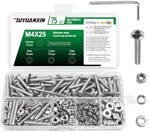 75 Set M4 x 25 mm Nuts and Bolts Assortment, Hex Socket Button Head Screws Bolts and Nuts Set, Stainless Steel Allen Machine Screws with Flat & Lock Washers Set