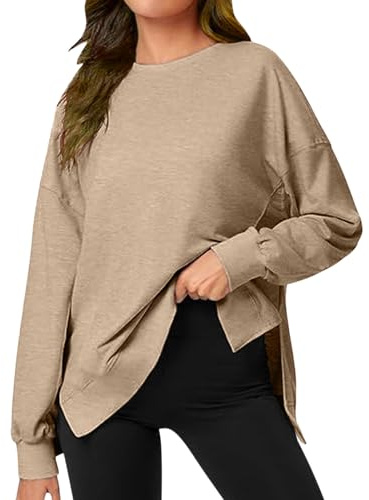 Damtröja med rund hals, långärmad tunika och slits i sidan, ledig lös topp, khaki, stor storlek
