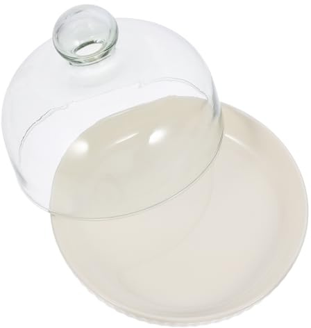 TOYANDONA Plateau de Présentation à Dessert en Céramique Blanche Crème 7 Pouces avec Cloche en Verre Transparente 1 Pièce, Présentoir à Gâteau pour Fête, Assiette de Fruits avec Dôme