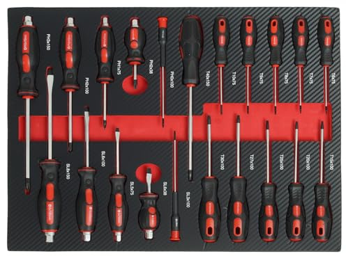 TRUTZHOLM Profi Werkzeugeinlage 21 tlg. Schraubendreher aus Chrom-Vanadium (CrV) Stahl für Werkstattwagen Mechaniker Werkzeug Werkstattwageneinlage Schaumeinlage 51,5x39,5x4 cm rot