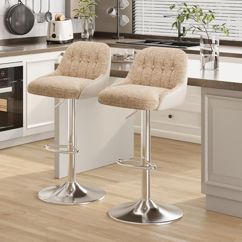 MALOL 360° Drehbarer Höhenverstellbarer Barhocker, Bar Hocker 2er Set mit Rückenlehne, Moderner Küchenhocker mit Metallfuß für Theke, Esszimmer, Barstuhl mit Kombination aus Leder und Stoff, Kamel