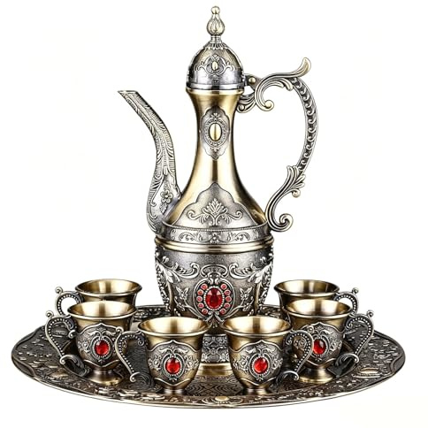 Turkish Tea Coffee Set, Vintage Metal Teapot with 6 Cups & Serving Tray, Luxury Gold Accent Drinkware Set, European Jug for Home Decor, Wedding Birthday Housewarming Gift | Silver3