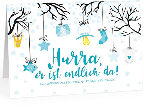 Große Design Glückwunsch-Karte XXL (A4) zur Geburt, Motiv: Hurra, er ist endlich da - für Junge blau/mit Umschlag/Edle Klappkarte/Maxi Gruß-Karte/Baby geboren/Gratulation Eltern
