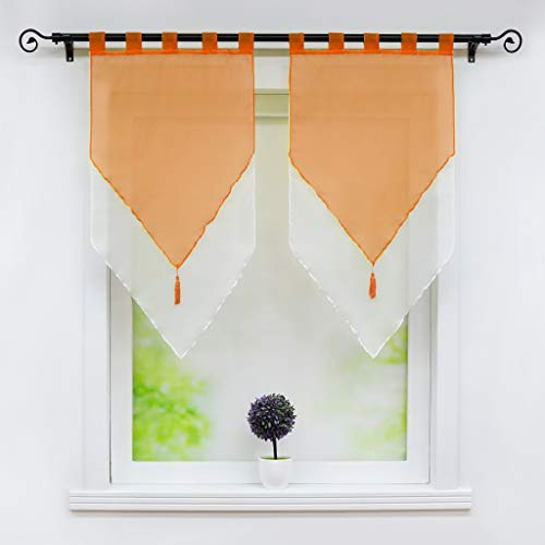 Joyswahl Scheibengardine Voile Panneaux 60x90cm Lydia 45x90cm Orange/Weiß | Bistrogardinen mit Quaste,Landhausstil,Zweifarbig,Doppelschicht Kurzstore,Mit Schlaufen,2 Stück,Küchengardinen modern
