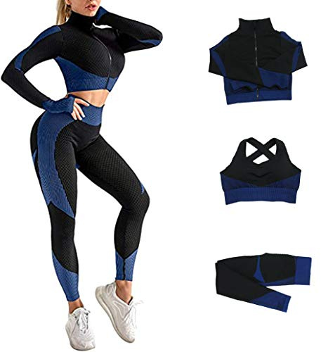 Veriliss Tracksuit For Women,3pcs Outfits Workout Joggers Yoga Gym Sportswear Leggings And Stretch Sports Bra Jumpsuits Clothes Sets (BlackBlue, S)