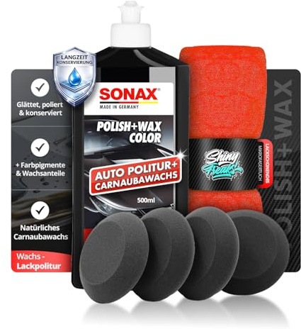 Politurset: SONAX Polish+Wax Color schwarz (500 ml) Auto Politur mit schwarzen Farbpigmenten und Wachsanteilen + Applikator + Mikrofasertücher | mühelos zum perfekten Polierergebnis | 6-Teilig