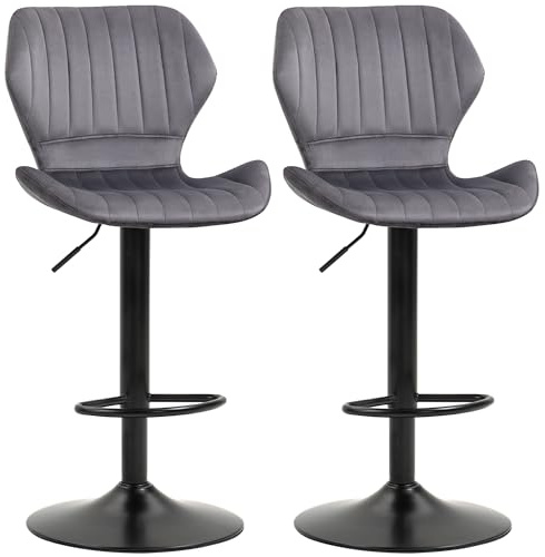 HOMCOM 2er Set höhenverstellbarer Barhocker mit ergonomischem Sitz und Fußstütze, Hochhocker in Samtoptik und Metall, 47x51,5x92-114 cm, Grau