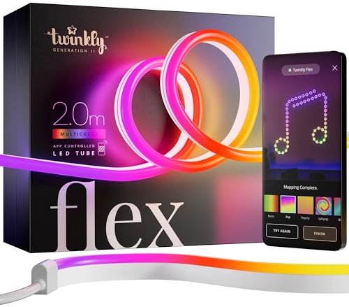 Twinkly Flex 2m, LED Tube Multi Color, RGB LED Strip Flexible, Compatible with Alexa and Google Home, Gaming Lights, 16 M+ Colors, USB C Powered, App Control, White Wire