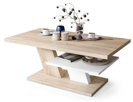 All4All Couchtisch Conte - Kaffeetisch - Wohnzimmertisch – Sofatisch mit Ablage - kompakte Größe - Sofatisch - 110x60cm - 05 - Sonoma Eiche + weiß