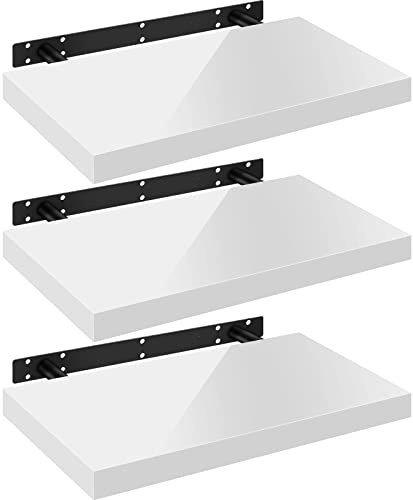WOLTU Wandregal Schweberegal Hochglänzend Weiß,70x22,9x3,8cm 3er,MDF | Wandregal Set von 3 für Büro, Wohnzimmer, Schlafzimmer, Küche,mit Metallhalterung,unsichtbare Montage