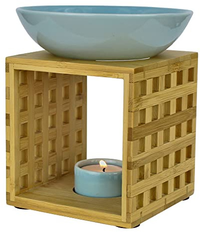 Bitto Lampe à parfum Riga bleu blanc avec bougie, grand bol, diffuseur brûle parfum, commerce équitable, lampe aromatique en bambou et céramique