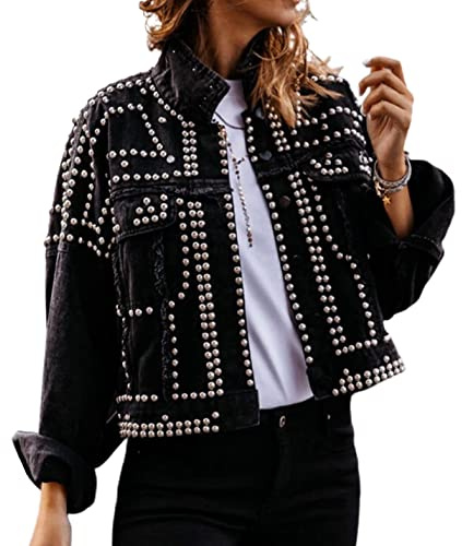 APAFES Women's Fashion Crop Fringe Denim Jacket Distressed Western Studded Black Trucker Jacket(0270-Black-S-NG)
