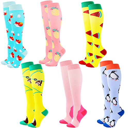 Zingso 6 Paar Kompressionsstrümpfe für Damen und Herren, 20-25 mmHg Bunte Kompressionssocken Stützstrümpfe für Laufen Sport Flug Reise (as3, alpha, l, x_l, regular, regular, Farbe mischen(6)-2, S-XL)