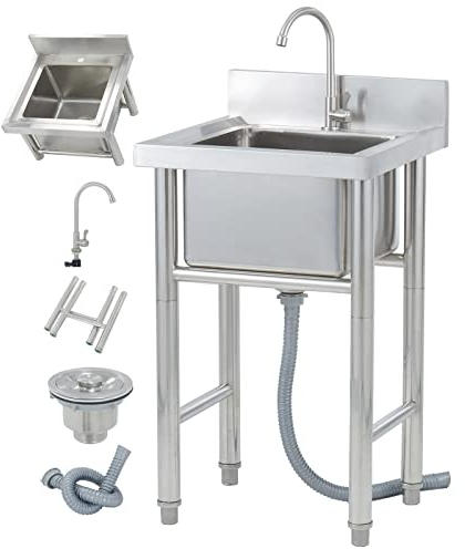 Menglo Stainless Steel Stand Alone Sink Commercial Sink Single Bowl Utility Sink Faucet Included for Laundry Garage Indoor Outdoor,Restaurant Catering Kitchen Sink,50cm/60cm