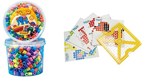 Hama Perlen Bügelperlen Dose mit ca. 600 bunten Maxi Bastelperlen mit Durchmesser 10 mm im Pastellmix & Set mit Motiv Rahmen für Maxi Bügelperlen mit Durchmesser 10 mm, Stiftplatte und 10 Motivkarten