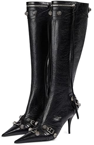 Kluolandi Bottines habillées à talons hauts pour femme avec pompon et bout pointu clouté et fermeture éclair, noir, 40 EU