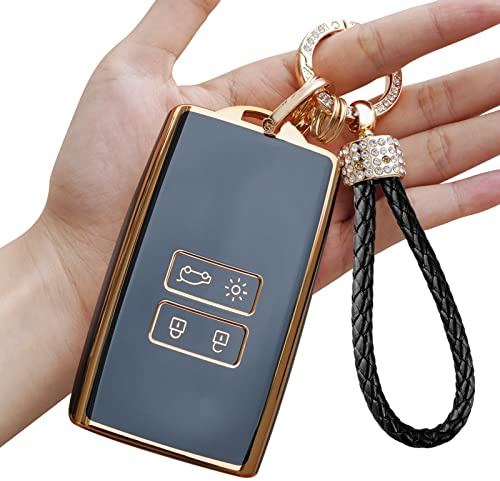 Yumzeco Silicone TPU Autoschlüssel Hülle Cover, 4 Tasten Autoschlüssel Cover Kompatibel mit Renault Koleos Clio Megane Duster Kadjar, Auto Keyless Smartkey Schutzhülle mit Schlüsselbund(Schwarz)