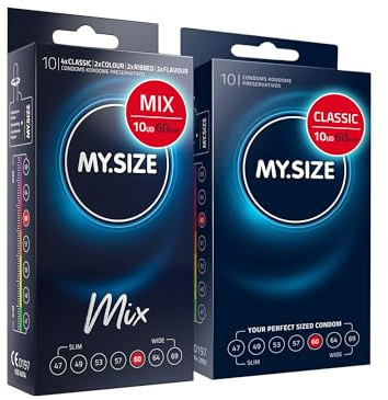 MY.SIZE Mix SET Größe 5, 60 mm: 10 Classic Kondome + 10 Kondome in 4 aufregenden Sorten, mit Aroma, Farbe, Genoppt & Classic