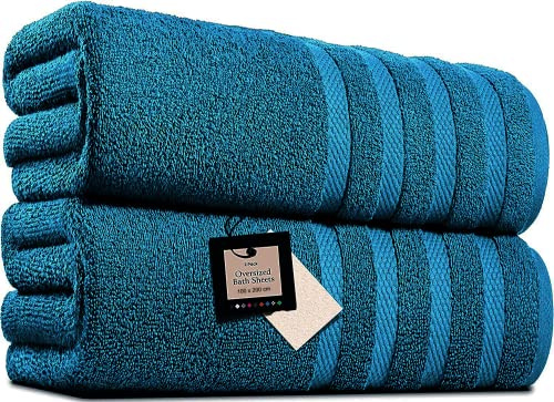 Förpackning med 2 extra stora badlakan (100 x 200 cm – 600 GSM) ren egyptisk bomull stor kroppslakan för badrum, strand, pool (blå lagun, bomull)