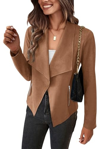 PRETTYGARDEN Women's Faux Suede Jackets 2026 Fashion Fall Clothes Long Sleeve Open Front Cropped Coat Outwear (Camel,Medium)