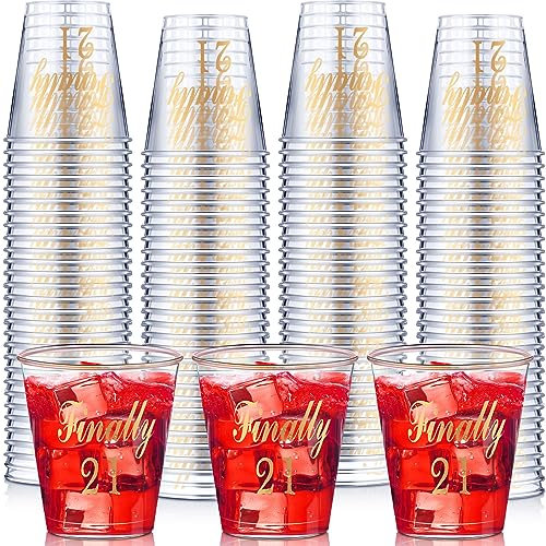 Roshtia 100Pcs 21st Birthday Shot Glass Finally 21 Plastic Shot Glass Disposable Shot Glass 2 oz Sample Cup Clear Plastic Shot Cup for Him Her Celebrate Twenty One 21st Birthday Party Supplies (Gold)