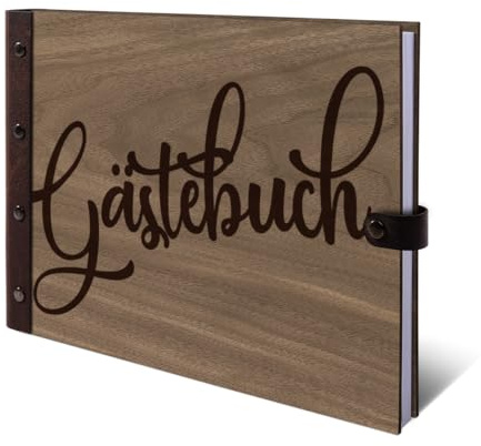 Gästebuch echtes Holz DIN A4 Buch Ringe lassen sich öffnen - Comic Schrift - mit 72 Blatt / 144 Seiten Naturpapier Weiß