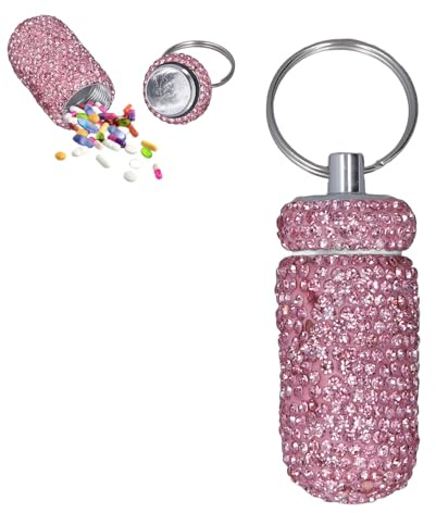 Portable Pill Case Pill Container with Keychain Bling Pill Box Medicine Dispenser Bottle Storage, Waterproof Pill Holder for Outdoor Camping Travel (Pink)
