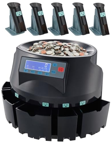 VEVOR Compteur de pièces USD et trieurs de pièces avec écran LCD, machine de tri de pièces pour pièces de monnaie USD 1¢ 5¢ 10¢ 25¢ $1, trie jusqu'à 300 pièces/min, compteur de change peut contenir