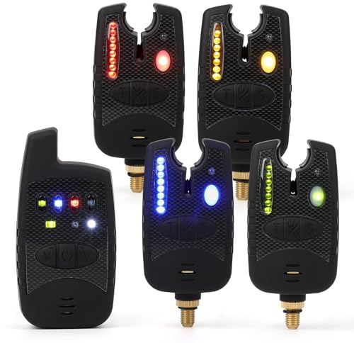 MOUNCHAIN Kabelloser Angelbissanzeiger 5er-Set, digitaler Bissanzeiger zum Karpfenangeln, wasserbeständig mit 4 Sendern und 1 Empfänger