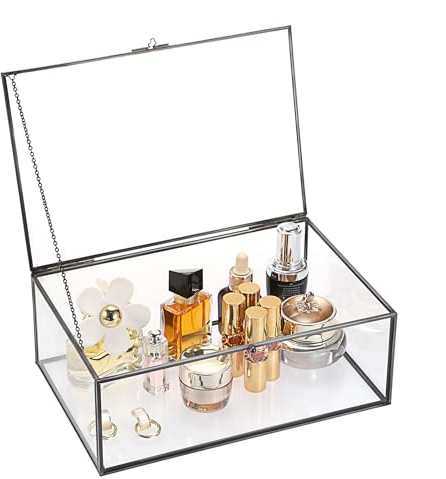 TOLIDA Extra Large Vintage Glass Lidded Rectangle Jewelry Box - Tabletop Display for Rings, Bracelets, Necklaces, Storage (Black)