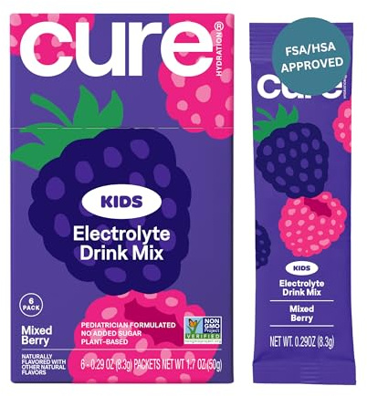 Cure Hydration - Mélange de boissons électrolytiques pour enfants, réhydratation formulée sans sucre ajouté, sans OGM, sans gluten, sans arômes artificiels, FSA et HSA | Boîte de 6