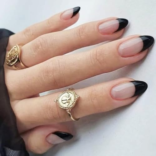 MrCuvaryas Ovale künstliche Nägel kurz, Schwarz French Künstliche Nails, 24 Stück Nude Oval Nägel Zum Aufkleben Kurz, Glossy Mandel Kunstnägel Press on Nails mit Nagelkleber für Frauen und Mädchen