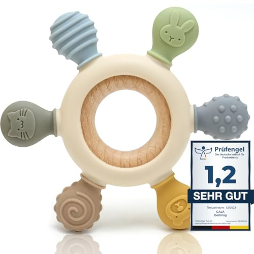 CAJA Beißring Baby BPA freie Zahnungshilfe und Beißspielzeug aus Silikon und Holz Greifring mit Tiermotiv Geschenkidee zur Geburt Sicheres Babyspielzeug für Jungen und Mädchen
