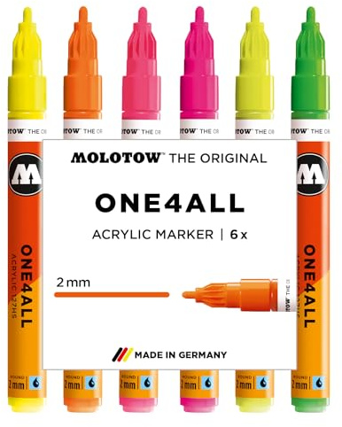 Molotow One4All 127HS Acryl Marker Neon Set (2,0 mm Strichstärke, hochdeckend und permanent, schnell trocknend, nachfüllbar, für fast alle Untergründe) 6 Stück sortiert