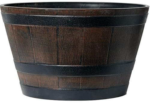Muddy Hands Extra Large 50 Litre Dark Brown Wooden Barrel Effect Plant Pot Round Outdoor Garden Flower Tree Plastic Planter (Diameter: 56cm - Height: 34cm)
