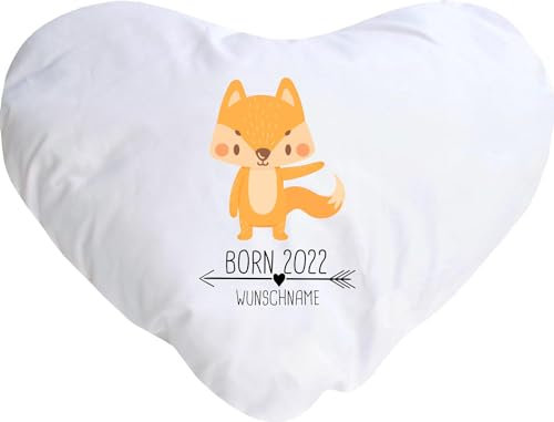 Kleckerliese Baby Kinder Kissen Kissenhülle Born 2024 2025 2026 Tiermotiv Fuchs Personalisisert Name Jahr, 40x44 cm Farbe Weiß mit Füllung