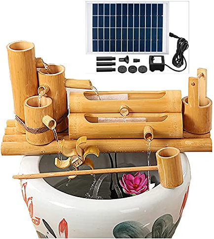 Fontaine à Eau Solaire, décoration de Fontaine en Bambou, Fontaine d'eau extérieure avec Panneau Solaire, Pompe à Eau, Tube, cuillère, Lotus, Accessoires de Filtre (60 cm) (80 cm)