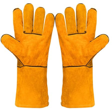 JinliangGuo One Pair Wear Resistant Leather Welding Gloves Fireproof Stitching Heavy Duty Welding Gauntlet Gloves for Men Burner BBQ, Gardening (Yellow)